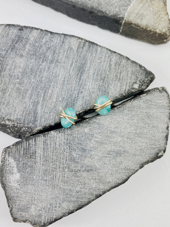 Gold Wrapped Amazonite Stud Earrings