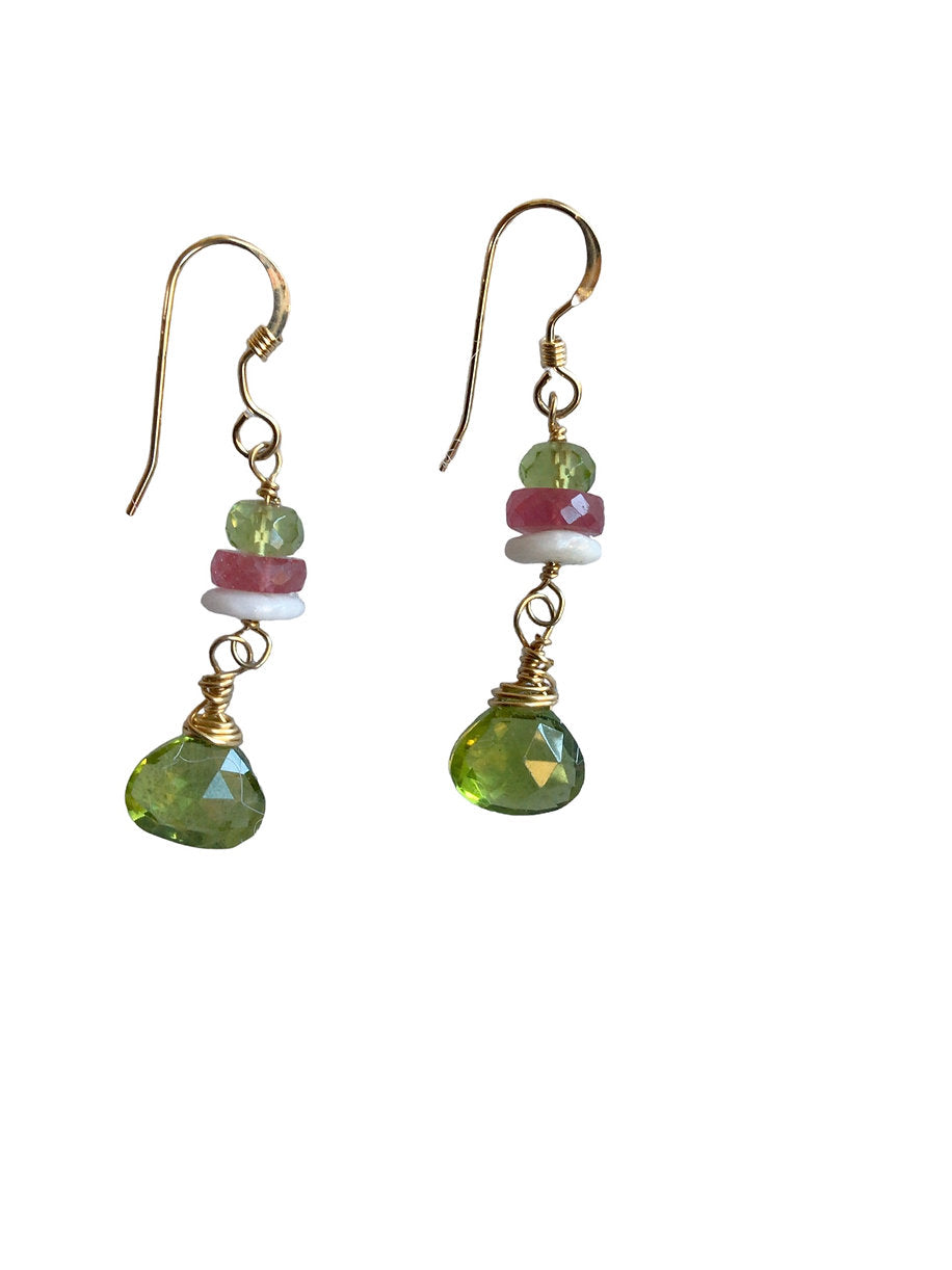 Peridot, Ruby & Shell Drop Earrings
