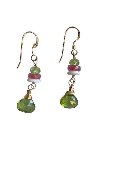 Peridot, Ruby & Shell Drop Earrings