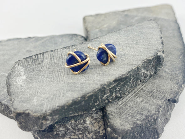 Gold Wrapped Lapis Stud Earrings