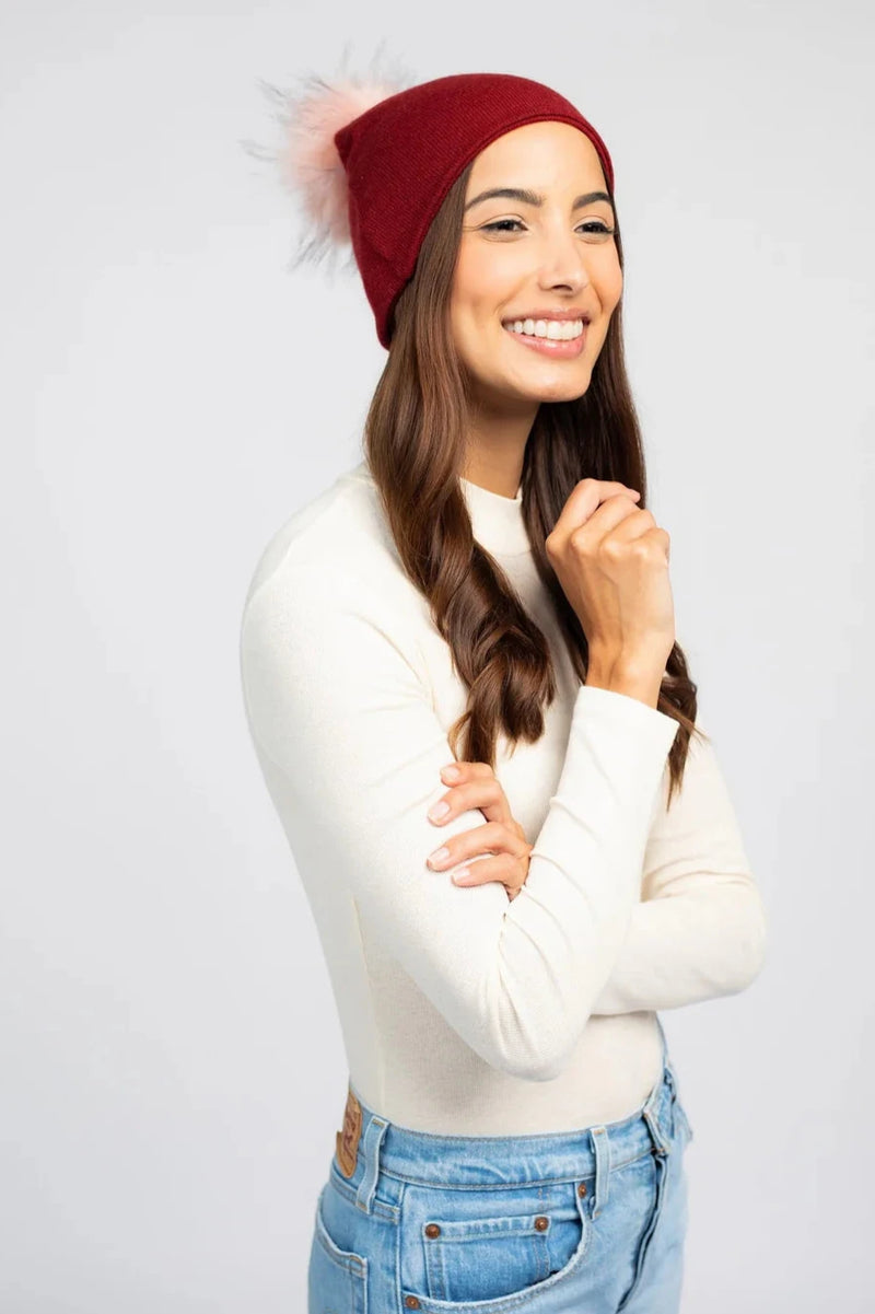 Cashmere Pom Pom Beanie in Maroon/Peach Pom