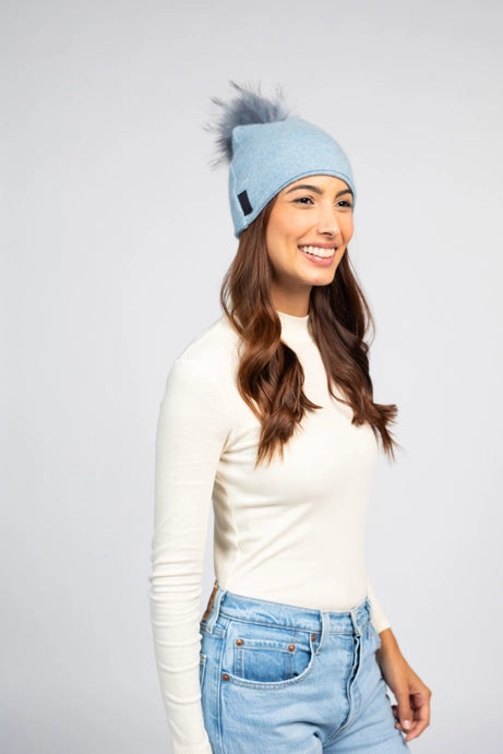 Cashmere Pom Pom Beanie in Baby Blue/Light Blue Pom