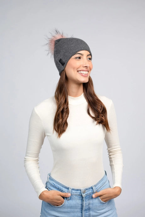 Cashmere Pom Pom Beanie in Dark Grey/Peach Pom