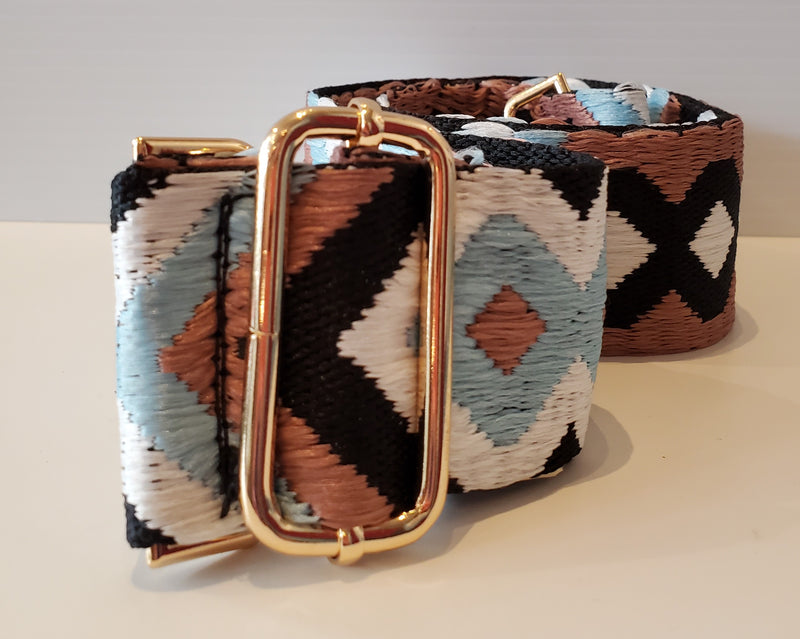 Mix & Match Bag Strap in Brown/Blue Aztec Embroidered