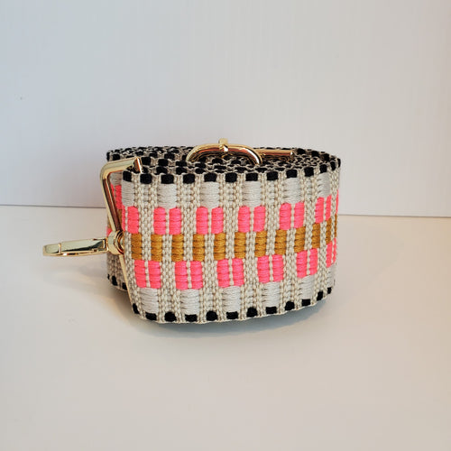 Mix & Match Bag Strap in Cream/Hot Pink/Khaki Embroidered