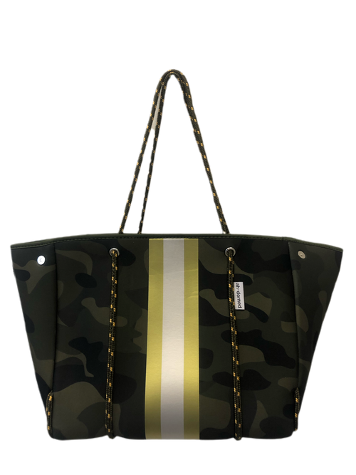 Neoprene Tote in Army Camo/Silver/Gold Stripe