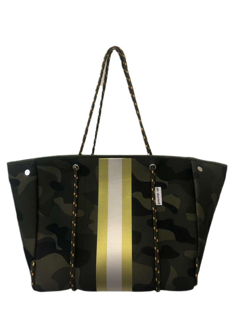 Neoprene Tote in Army Camo/Silver/Gold Stripe