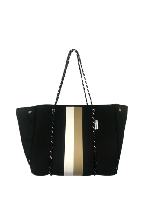 Neoprene Tote in Black/Camel/White Stripe