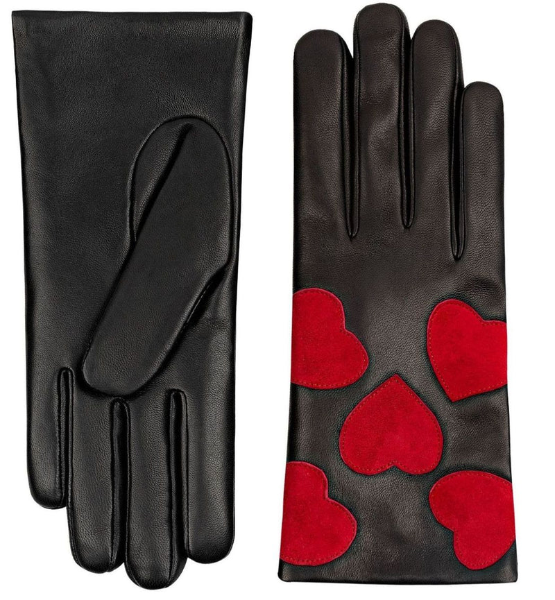 Leather Gloves in Black/Red Hearts