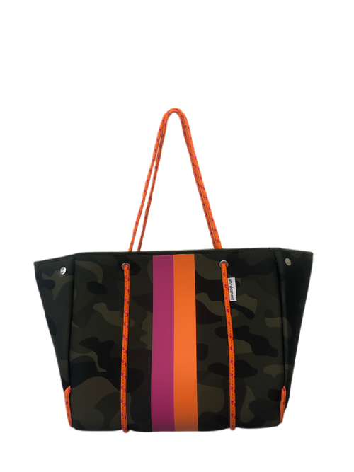 Neoprene Tote in Army Camo/Pink/Orange Stripe