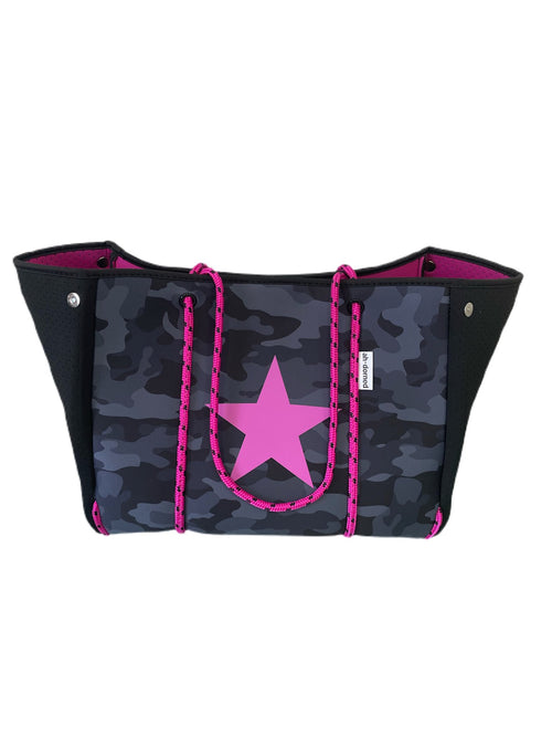 Neoprene Tote in Black Camo/Pink Star